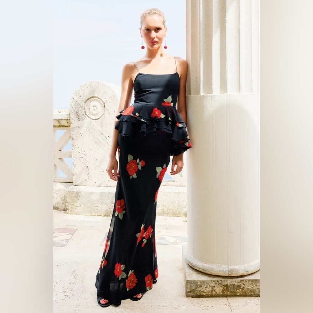 Zara Black Floral Peplum Maxi Dress with Red Roses